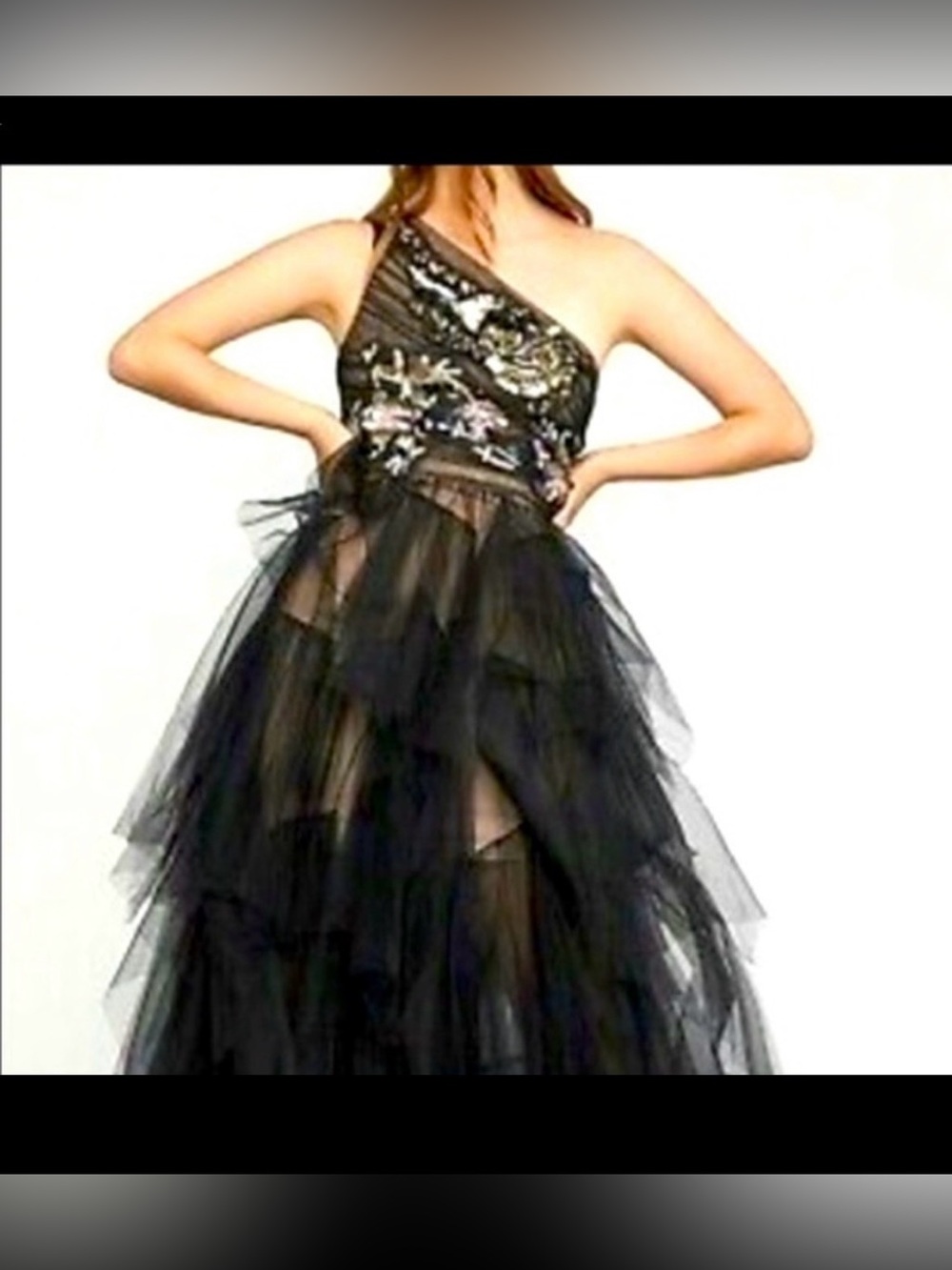 NWT BCBG MaxAzria black one shoulder sequenced tulle gown with side split sz 4